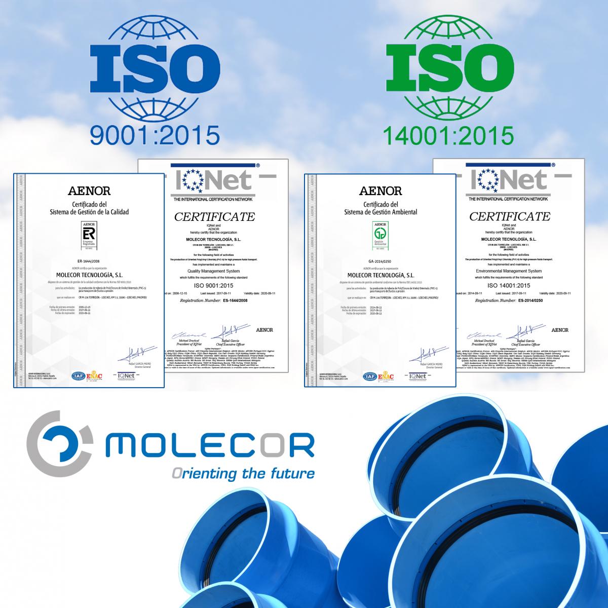 Molecor использует систему интегрального контроля (Качества, Окружающей Среды и Профилактики), основанную на нормативах UNE-EN ISO 9001:2015 и UNE-EN ISO 14001:2015, целью которых является постоянный поиск достижения улучшенных результатов в работе предприятия. Внедрение системы интегрального контроля демонстрирует способность компании Molecor предлагать на рынке продукцию, отвечающую повышенным требованиям клиентов и техническим регламентам.  В процессе постоянного развития, Molecor закончила процесс внедрения новой системы и получила обновлённый сертификат AENOR, соответствующий обновлённым нормативам. Обновления затрагивают следующие пункты: определение контекста организации, контроль рисков и процессов, лидерство руководства, управления и планирование изменений. Эти новшенства помогут компании Molecor в развитии стратегии, опережая запросы клиентов, обнаружении новых возможностей, принятии быстрых решений и в оптимизации целей и ключевых процессов организации.  Таким образом, внедрение обновления системы является стратегическим решением, которое будет иметь глобальное влияние на организацию, улучшая её функционирование. Новый сертификат подтверждает усилия и проактивность компании Molecor в направлении выхода на международные рынки, создании конструктивной конкуренции в различных секторах рынка, всегда учитывая социальную, экономическую и экологическую составляющую каждого региона.