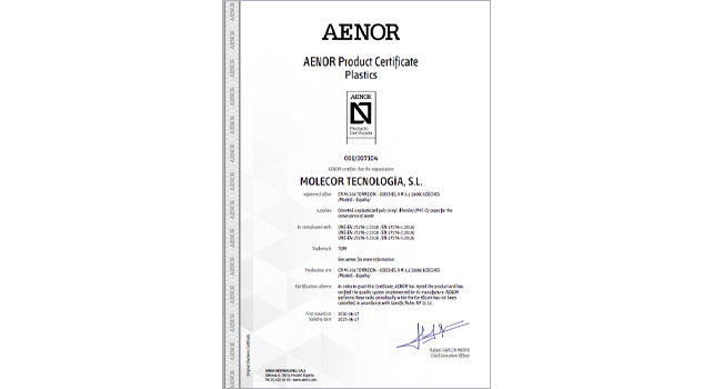 Molecor, первая компания, получившая сертификат UNE-EN 17176 на свои трубы TOM® и фитинги ecoFITTOM® из Ориентированного ПВХ