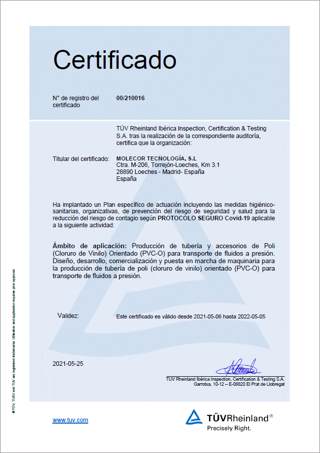 Molecor получил сертификат «протокол безопасности covid-19»
