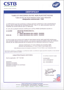 Certificado AFNOR de producto, marca NF para tubos de PVC-BO, Poly (Chlorure de Vinile) Orienté Biaxial. Marca NF para DN90 a 315, DN400 y DN500 en PN16, DN110 a 315, DN400 y DN500 en PN25.